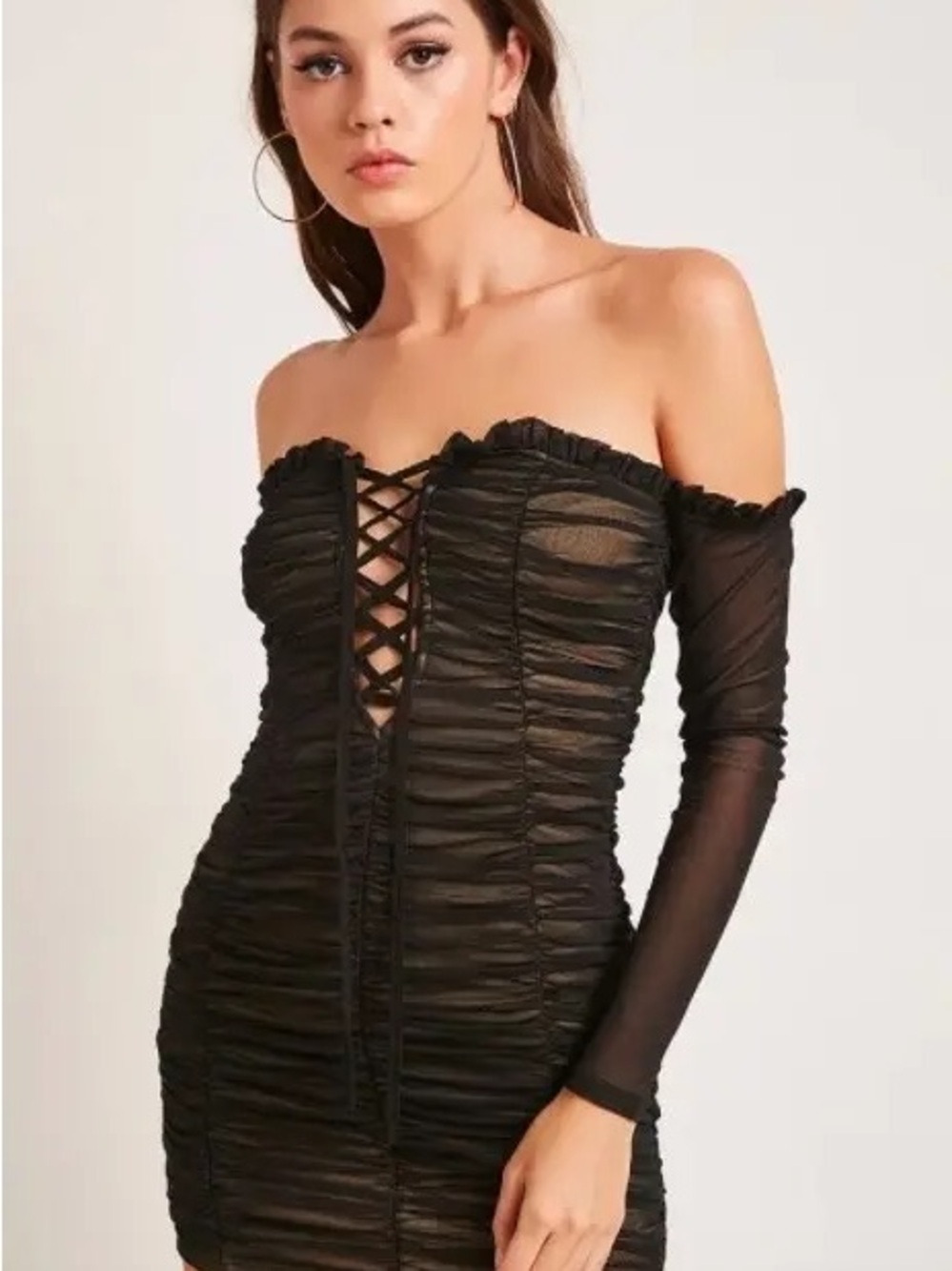 Fashion Nova Black Long-Sleeve Ruched Mesh Bodycon Dress